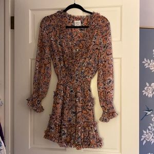 MISA Los Angeles floral ruffle l/s plunge neck mini dress - XS - worn once